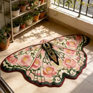 French Style Creative Color Block Rose Butterfly Print Carpet, Foldable Plush Rug for Living Room Bedroom, Easy Care Large Area Mat