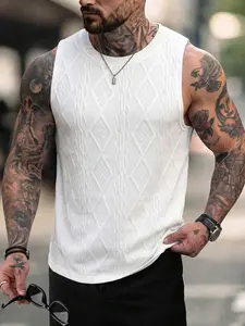 Men's White Textured Knit Tank Top, Diamond Pattern Sleeveless Crew Neck Slim Fit Casual Vest, Breathable Athletic Top for Gym Workout, Summer Daily, Streetwear and Smart Casual Style