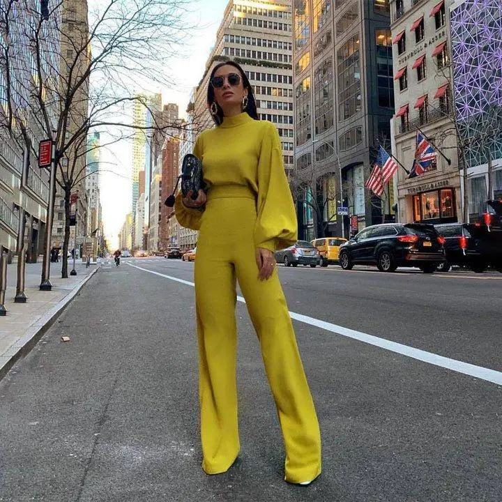 Women's Modest Islamic High-Neck Balloon-Sleeve Wide-Leg Jumpsuit - Premium Stretchy Fabric, Fit-Focused, Statement Elegance, Lady-Approved, Style, Sleeves, Long Sleeve