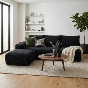 【Memorial Day Gift】Joylsle Organic Modern Black 103" Plush Corduroy No Assembly Required L-Shaped Modular Cloud Sectional Sofa with Side Storage Pockets, Marshmallow Soft，2 Packages
