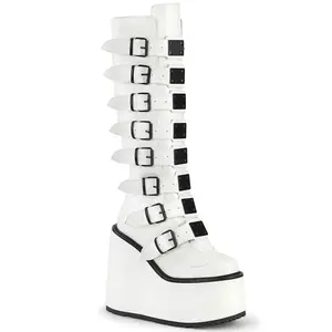 Demonia Swing-815 White Vegan Leather Knee-high Boots