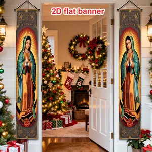 2D Flat, 2D Flat Banner, 2pcs Spring Theme Decorative Porch Party Banner,, Featuring Classic Image of Our Lady of Guadalupe, Roses, etc., Perfect for Indoor/Outdoor Door Wall Hanging, Venue Entrance, Mall Home Decor, Suitable for Spring, Christmas