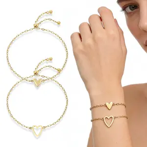 14K Gold Plated Matching Heart Charms Solitaire Bracelet Set for Women | Adjustable Love Friendship Two Bracelet Pack