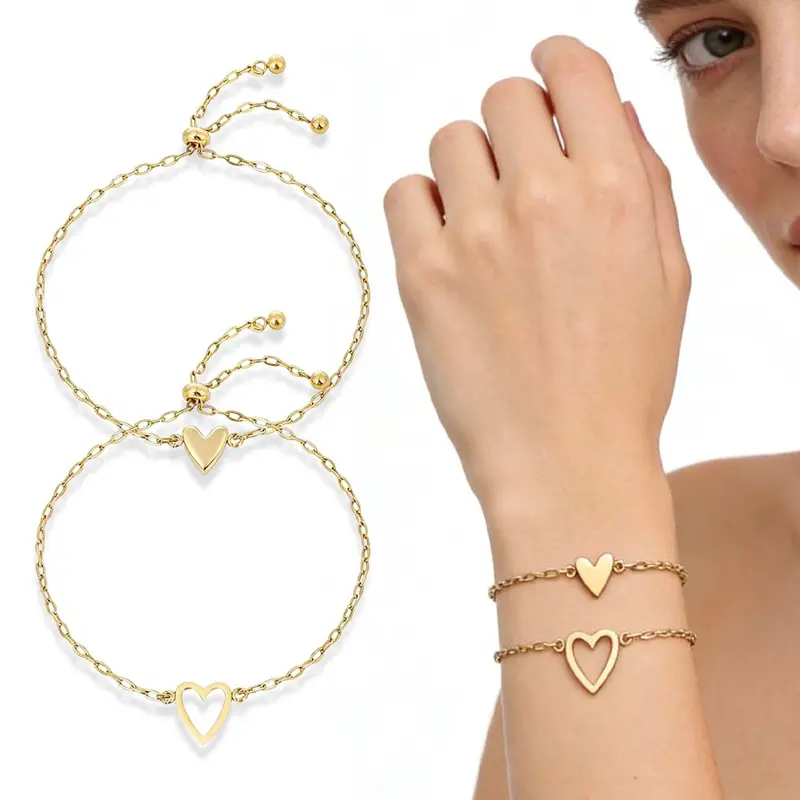 14K Gold Plated Matching Heart Charms Solitaire Bracelet Set for Women | Adjustable Love Friendship Two Bracelet Pack