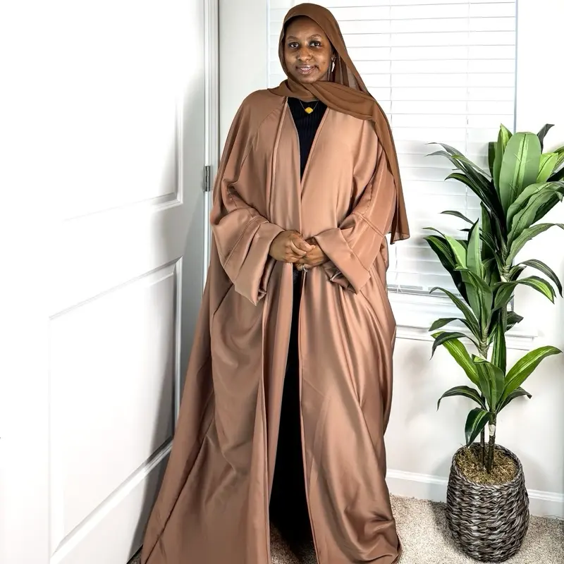 NoorSilk Abaya -Elegant deep beige Long Open Abaya for Comfort and Style with Soft Material and Stylish Design