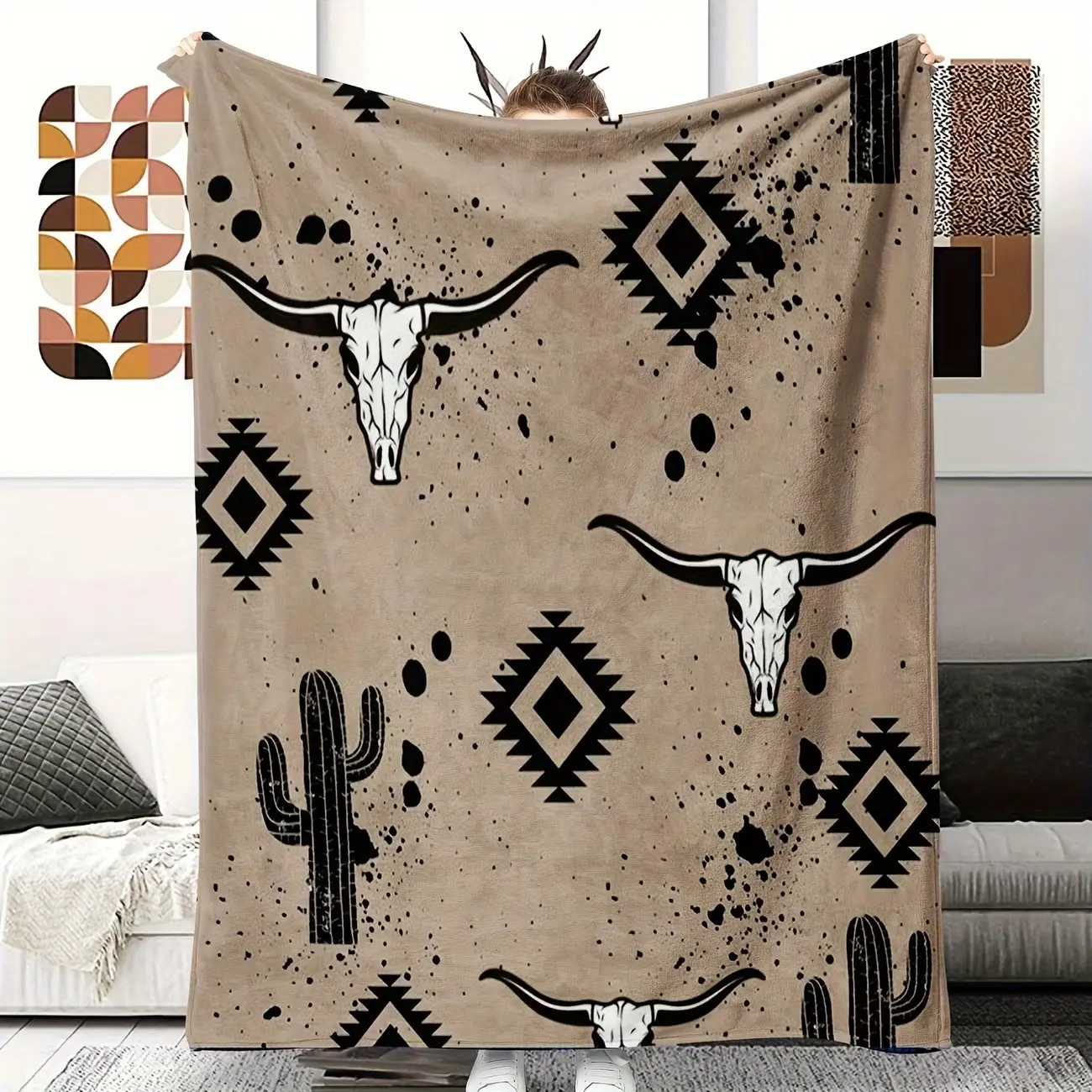 Longhorn Skull Cactus Aztec Geometric Splash Flannel Blanket Soft Plush Warm Throw Blanket, Western Desert Southwest Tribal Grunge Decor Couch Bedroom Nap Blanket, Giftable Cowboy Ranch Country Farm Lover Comfort Blanket for All Seasons