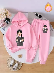 Girls Long Sleeve Fleece Hoodie Set, Wednesday Cartoon Print, Casual Loose Fit Pants, Windproof Warm Winter
