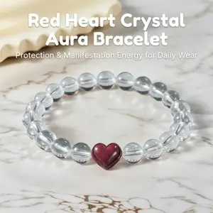 【Loulangems】Handmade Clear Quartz Red Cinnabar Heart Bracelet, Red Heart Crystal Aura Bracelet, Protection & Manifestation Energy Jewelry, Spiritual Healing Gift for Women