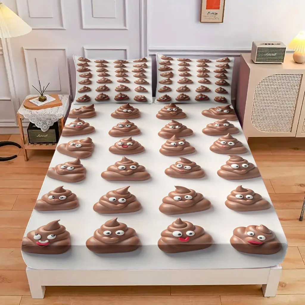 3-Piece Comfortable Chocolate Emoji Bed Hat Set, High-Definition Digital Printing, Soft And Breathable, 100% Polyester Fiber Perfect Gift, Suitable For All Seasons, Perfect For Family And Friends Clearance Sale
