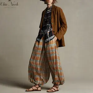 Women's Lantern Pants Casual Loose Fit Stylish Plaid Drawstring Mid Rise Trousers