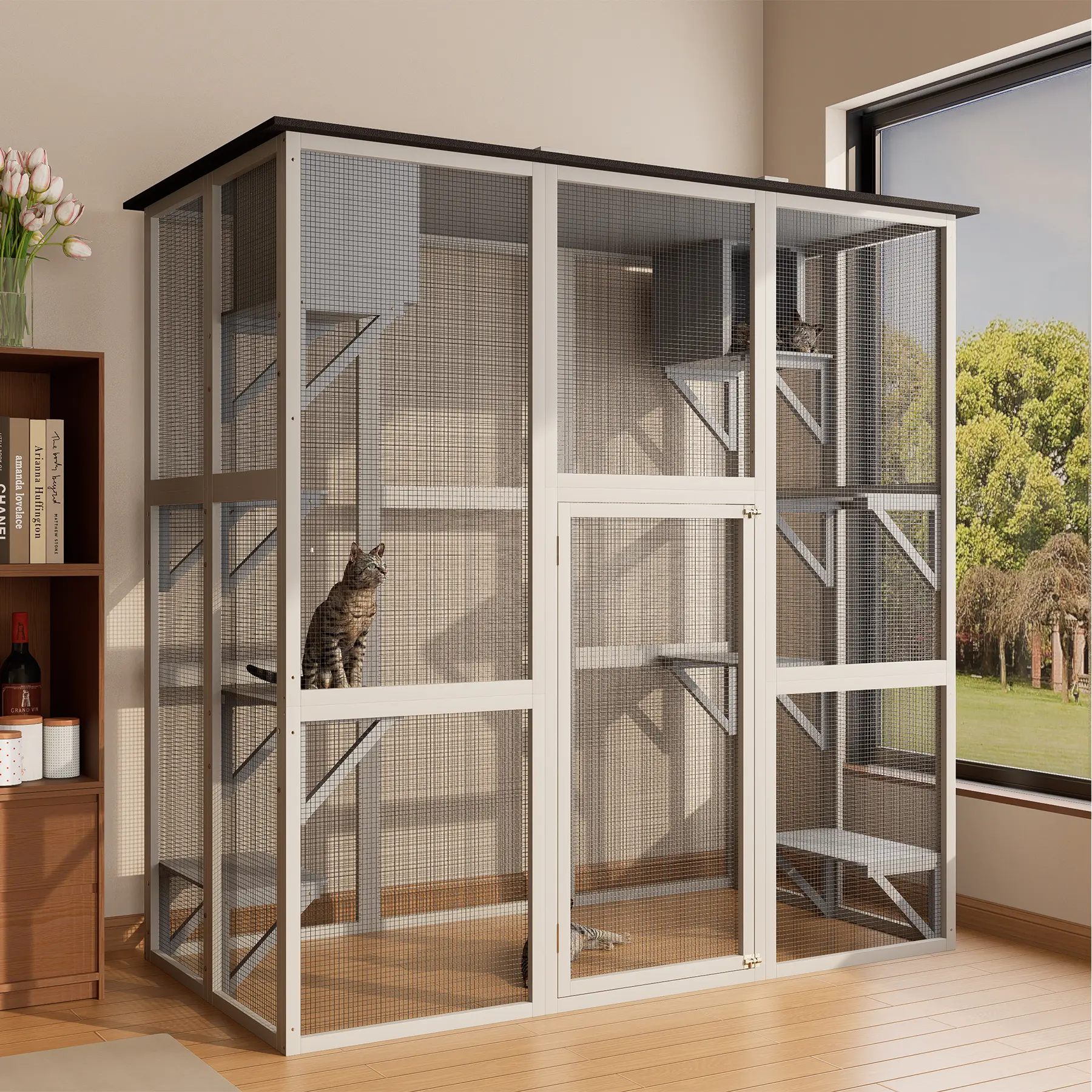 DOMISO Big Cat House Cat Enclosure with Waterproof Top, Cat Cage with 3 Platforms & 2 Napping House Small Pet Animal Cage
