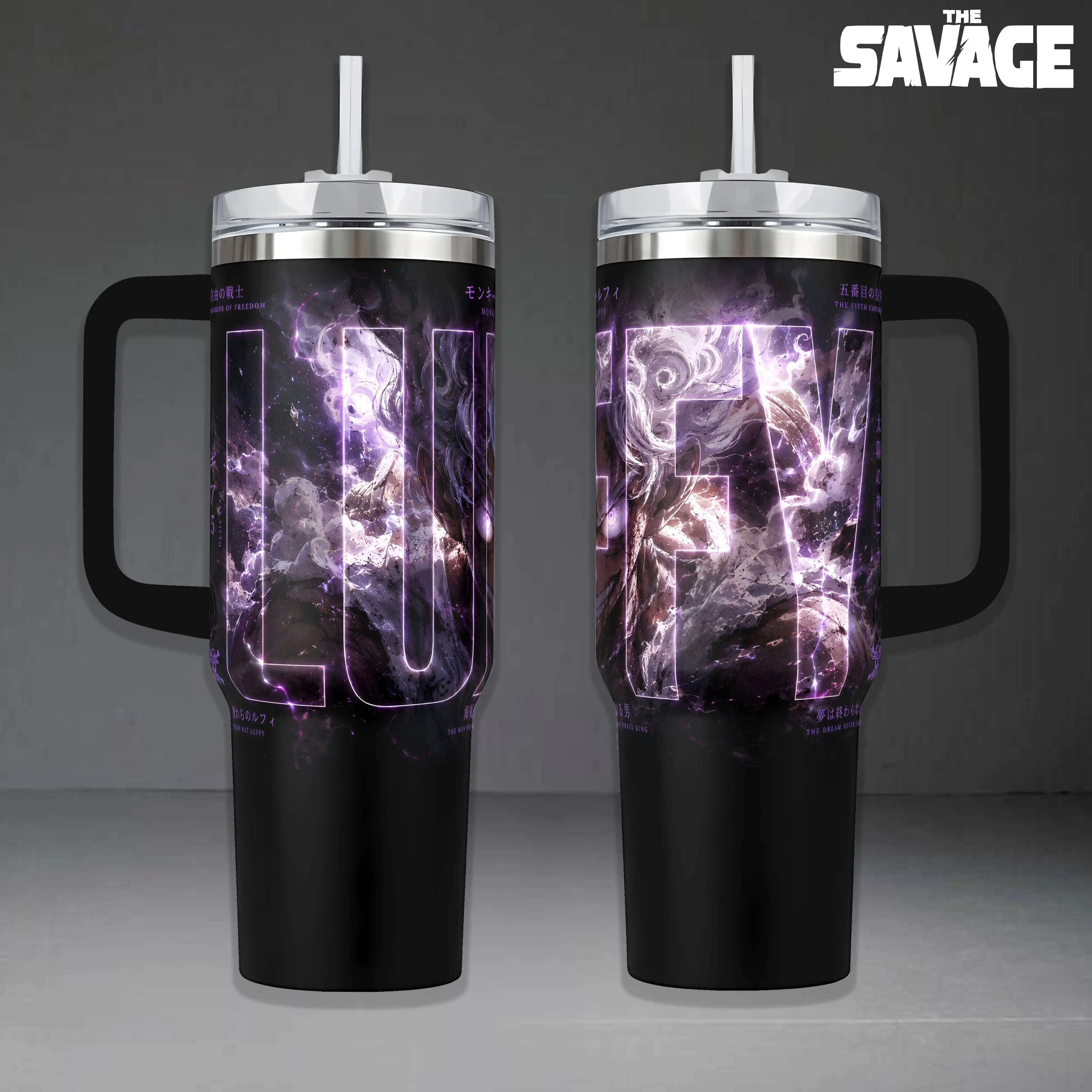 Sun God Tumbler, 20oz & 40oz Insulated Travel Mug with Handle & Straw. Glowing Lightning Pirate Captain Insulated Mug with Handle & Straw, Manga & Japanese Anime Fan Merchandise, Japanese Comic Fan Art Merch Gift