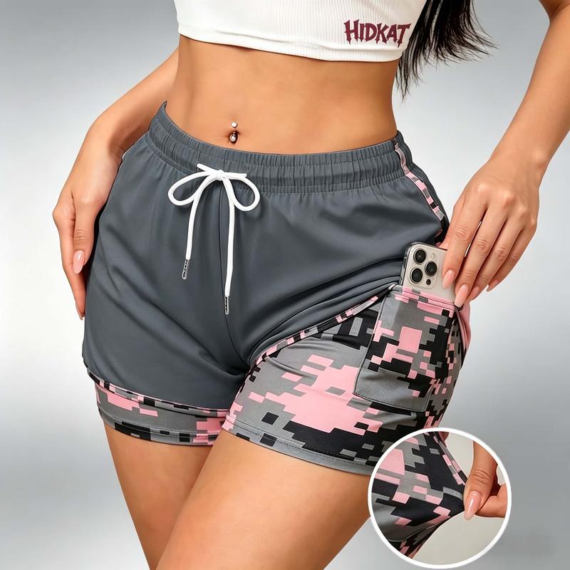 Women's Active 2-in-1 Fitted Cargo Jorts - Nylon, 3/4 Length, Drawstring Elastic Waist, Inner High-Elastic Band, Hidden Pockets, Camouflage, Normal Type, Summer Casual Sports Shorts, Cold Wash Only, No Dry Clean