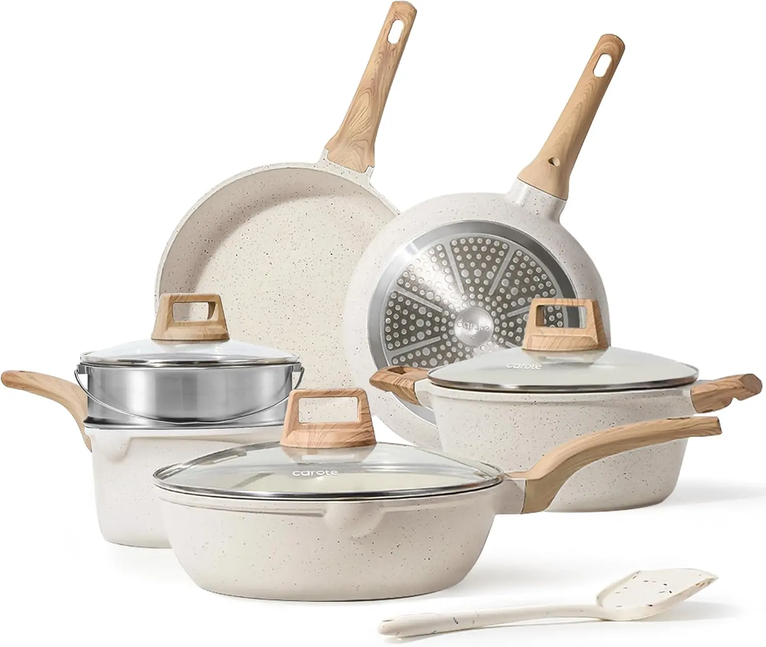 Pots and Pans Set Nonstick, White Granite Induction Kitchen Cookware Set, 10 Pcs Non Stick Cooking Set w/Frying Pans & Saucepans(PFOS, PFOA Free)