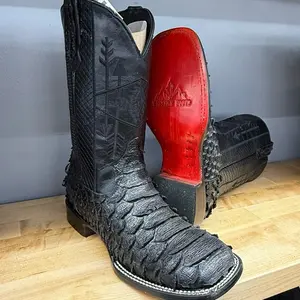 Men's Print Python Square Toe Boot - Black with Red Accents, Comfortable Footwear for Walking