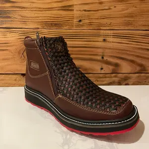 Charly Piel Industrial Vino Woven Leather Ankle Boots with Red Sole and Zipper Closure