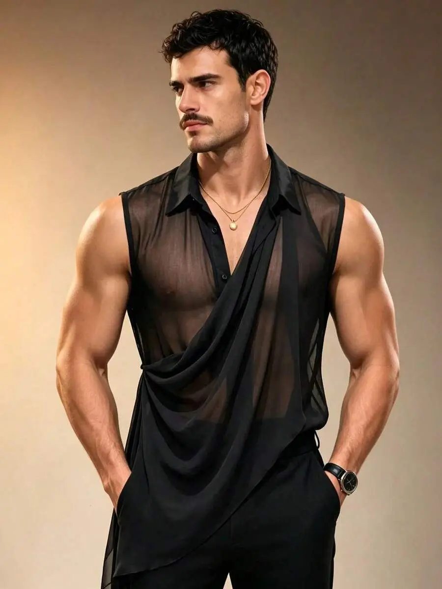Summer Men's Sheer Sexy Fashion Casual Vacation Sleeveless Tank Top Shirt