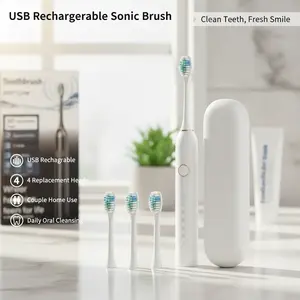 USB Rechargeable Sonic Electric Toothbrush, Soft Bristles Adult Toothbrush with 4 Replacement Heads, Couple Home Use Daily Oral Cleansing