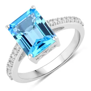 4.07 Ct Genuine Swiss Blue Topaz and Lab Diamond Silver Statement Pave Bridge Ring