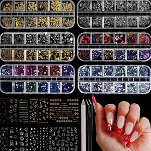 Nail Charms,Nail Rhinestones Kit with 6 Boxes of Rhinestones,12 Nail Stickers in 2 Colors Multi Shape Pearls Jewels Crystals with Nails Art Tools