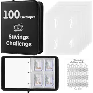 100 Envelopes  Challenge Binder with Laminated , Budget Binder with  Envelopes, Savings Book with Zipper to Save $5,050 (Black)