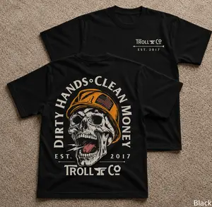 Troll Co Dirty Hands Clean Money T-Shirt, Blue Collar Skull Hard Hat Graphic Tee With American Flag Helmet Back Print, Construction Worker Shirt, Tradesman Workwear Outfit Gift for Men and Women.