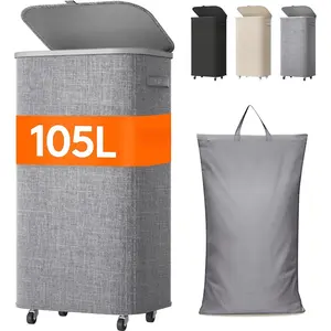 105L Plastic Laundry Basket with Lid, Large Clothes Hamper with Wheels and Removable Bag, Tall Collapsible Rolling Storage Bin for Dorm Bedroom Bathroom, Light Gray