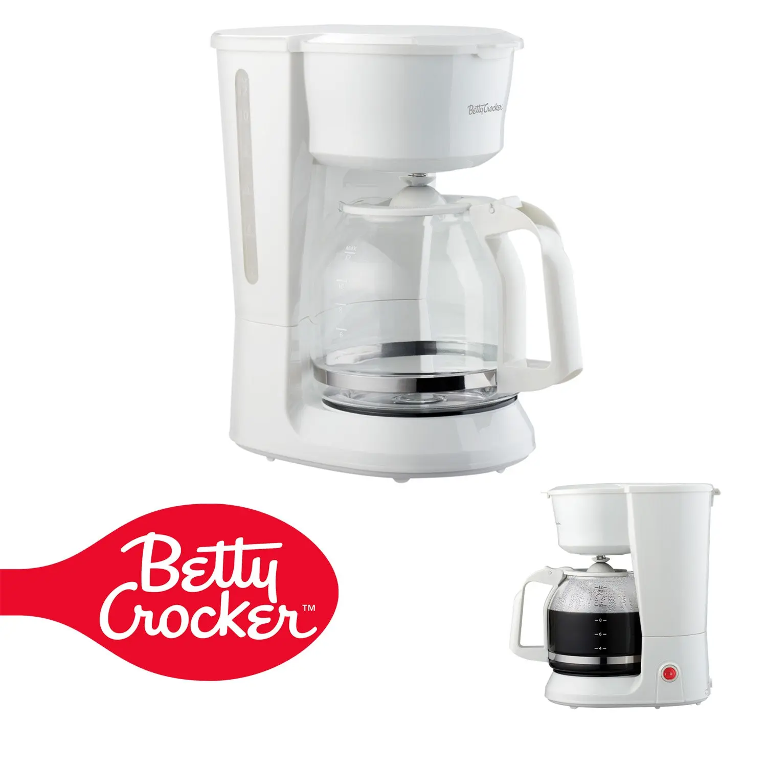 Betty Crocker 12-Cup Drip Coffee Maker with Heat Resistant Glass Carafe, Removable Permanent Nylon Filter, Pause & Pour, Water Level Gauge, Non-Stick Warming Plate, BC-5729W, White