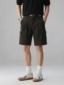 Men's Vintage Shorts, Button Waist Design, Multiple Pockets, Loose Fit Straight Leg, Chenille Material, Casual Leisure Pants, Menswear