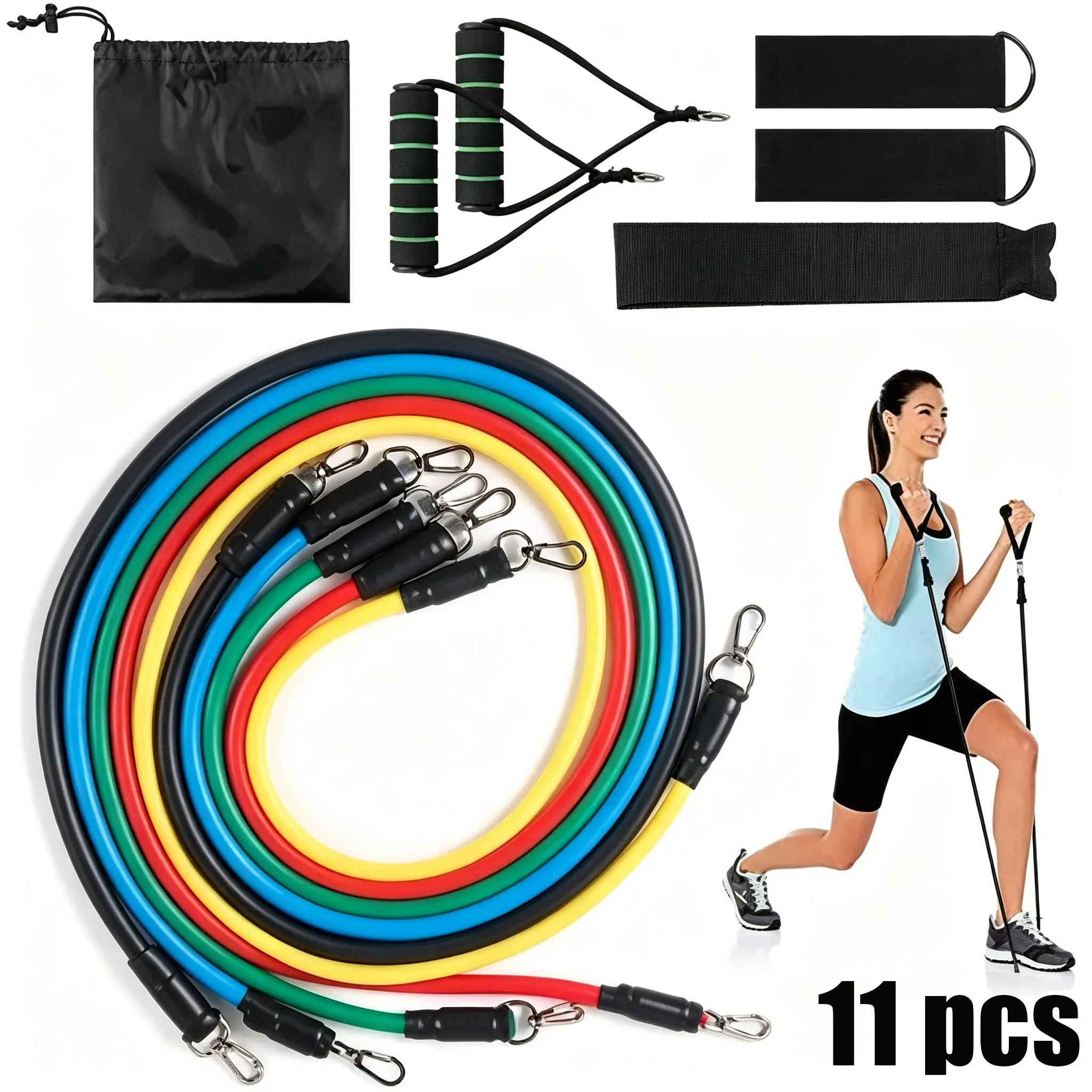 11 PCS Resistance Training Tubes, 42” Long 1/2” Diameter, 5 Color-Coded Tensions (10-30 LBS), Foam Handles & Portable Carry Bag