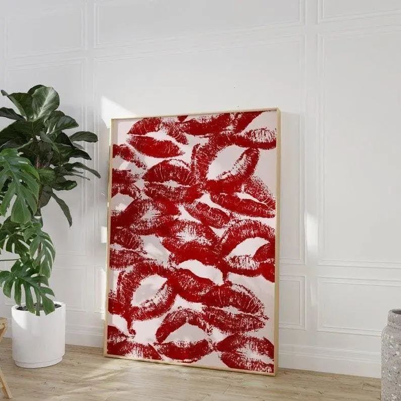 Trendy Lipstick Kisses Print, Funky Wall Art, Red Mouth Kisses Poster, Modern French Kiss Print Decor Decoration