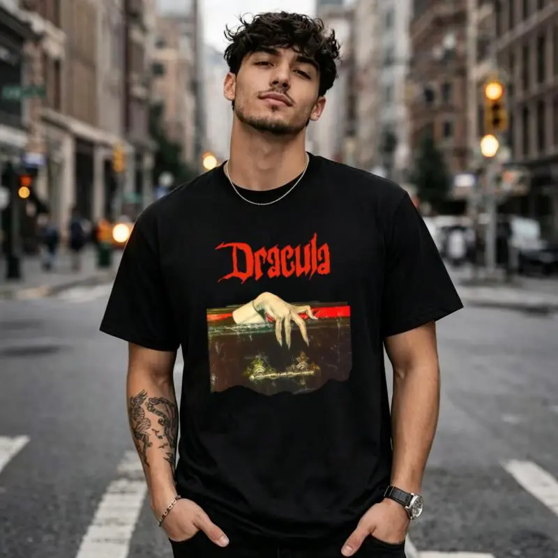 Women's Vintage Dracula Graphic Print T-Shirt - Black with Red Gothic Lettering & Coffin Design, Short Sleeve Crew Neck Casual Top, Machine Washable Summer & Spring Tee, Lightweight Clothing, Horror Aesthetic Shirt, Comfortable Fit Shirt