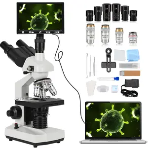 Three eye microscope 40X-5000X magnification laboratory grade, with dual mechanical stages suitable for adult students, equipped with a 7-inch smart screen that can be connected to a computer