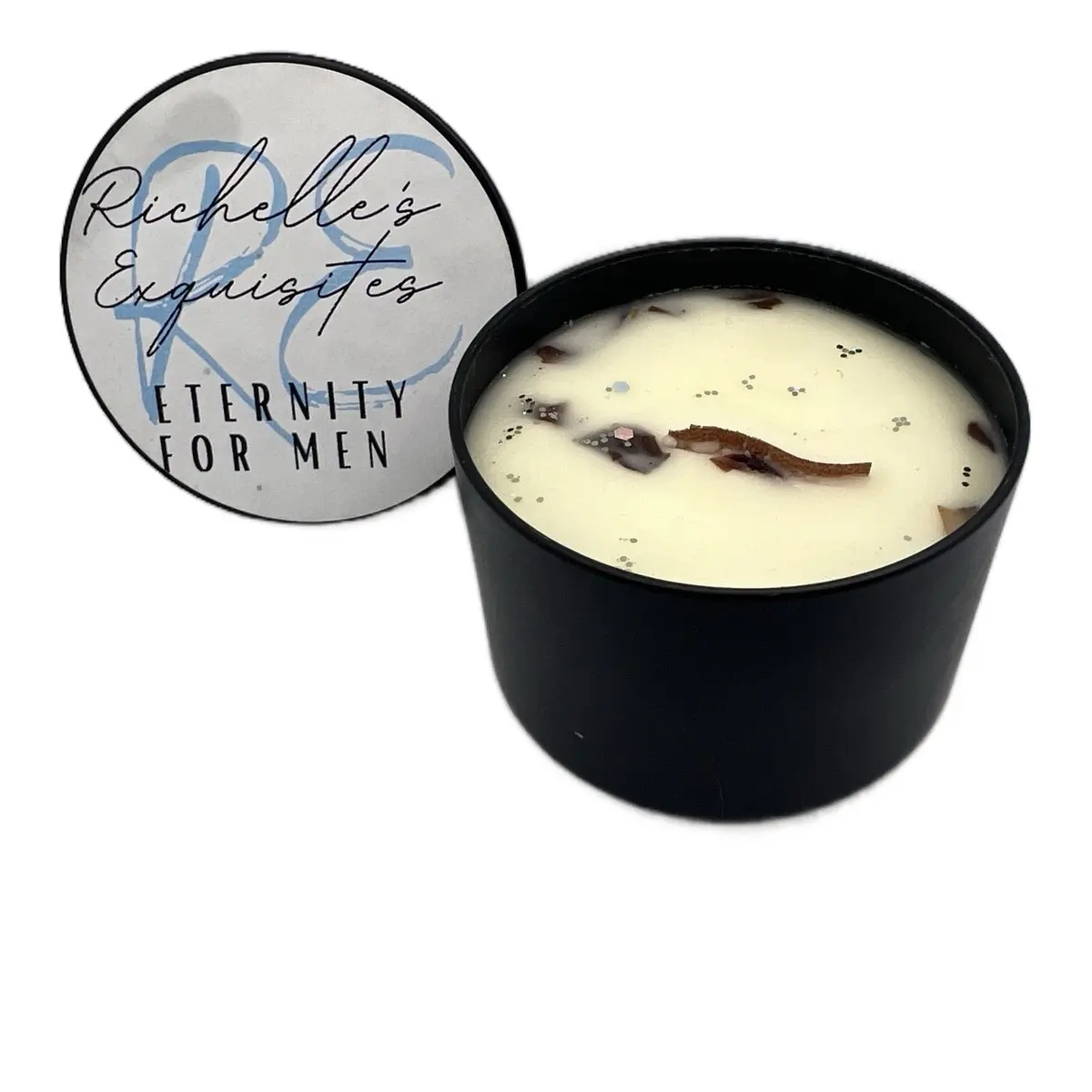 ETERNITY FOR MEN HAND POURED SOY WAX CANDLE WITH WOODEN WIC, ROSES, AND GLITTER