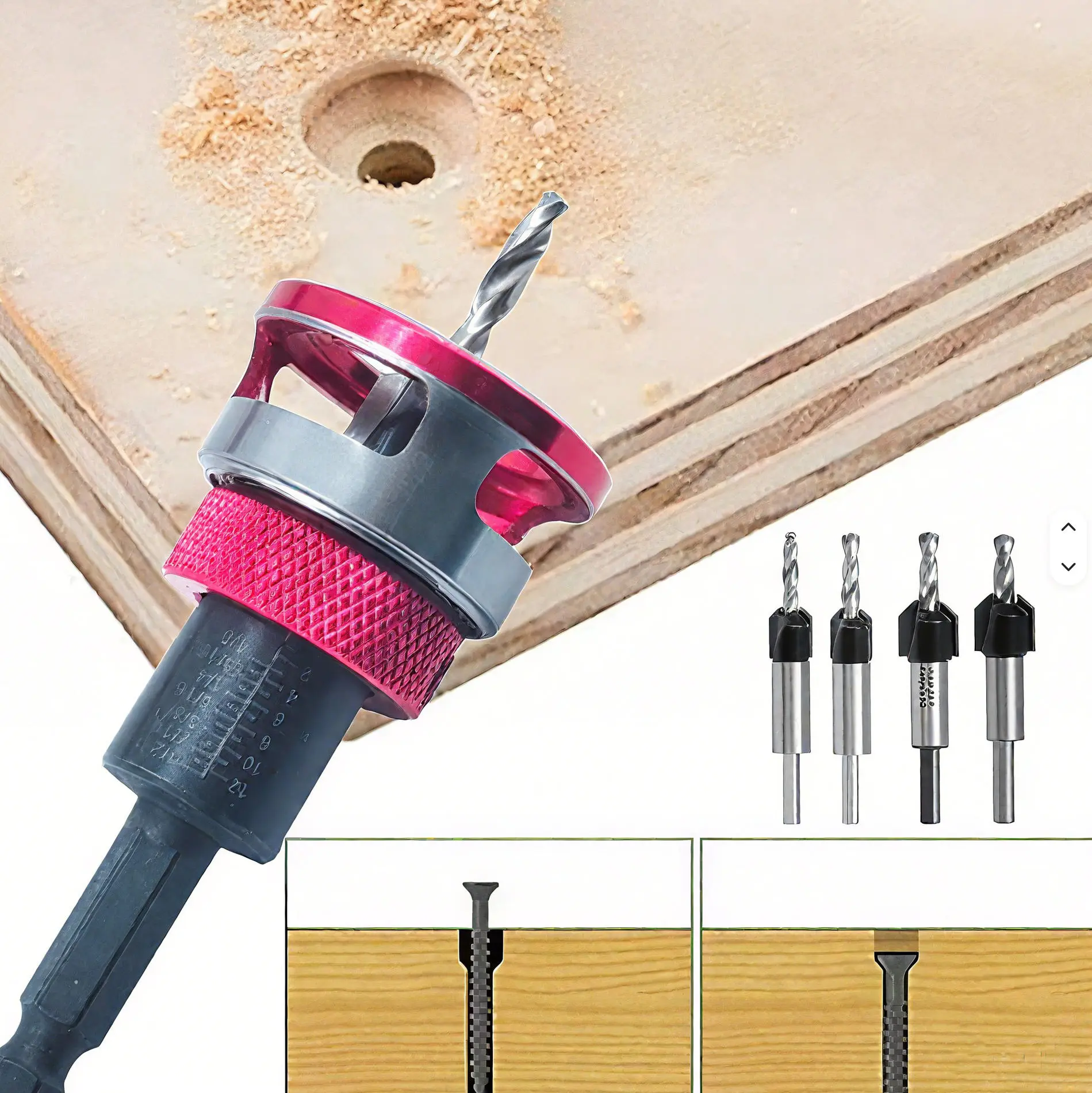 VAYWET 1/4" Hex Shank 4-Flute Adjustable Depth Stop Carbide Tipped Countersink Drill Bit 4PCS HCS (High Carbon Steel) 4-Blade Countersink Depth Stop, L-Shape Wrench Work Tools for Hidden Screw Countersink Head Precision Tool Included Drilling Wood Plastic