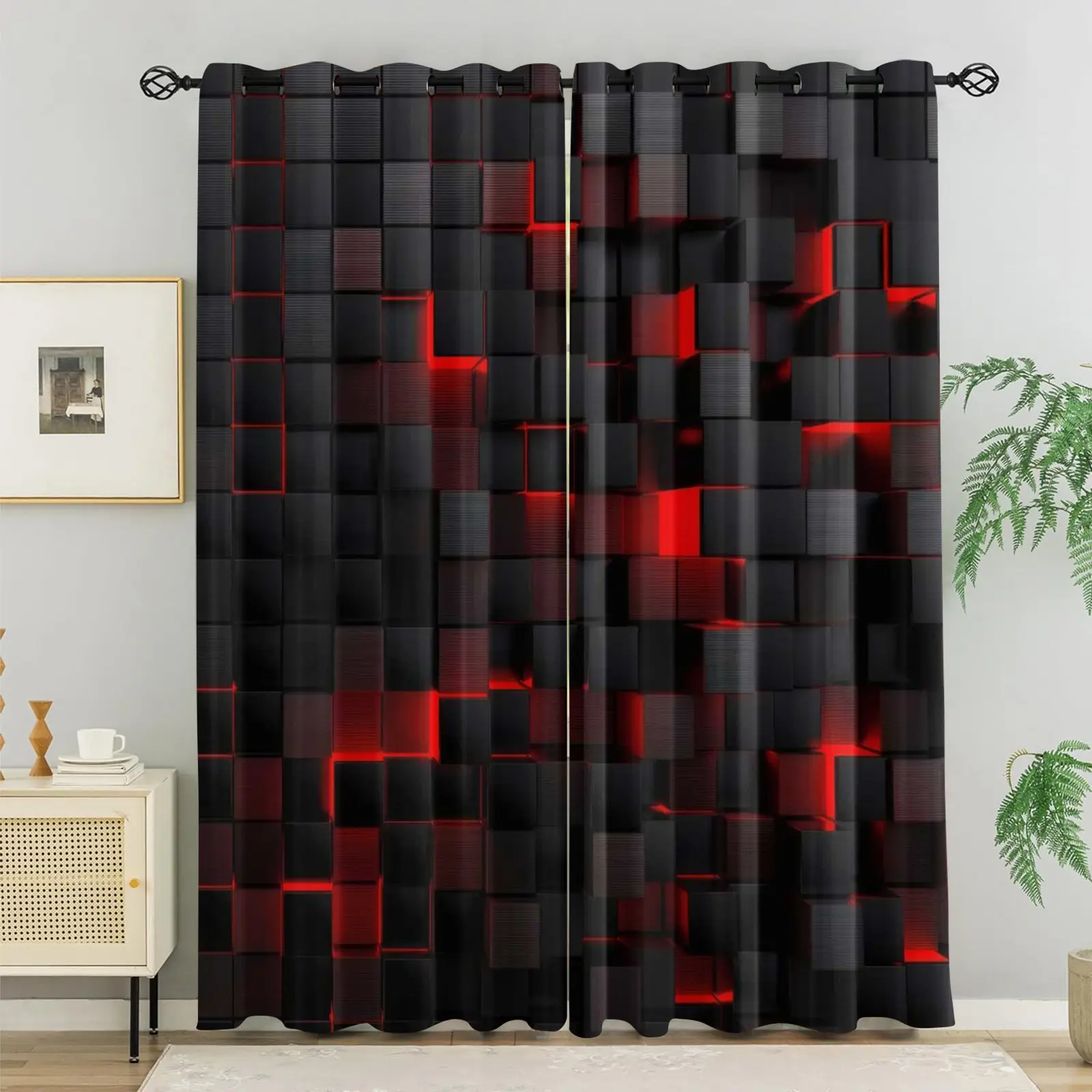 Cyberpunk 3D Black & Red Geometric Curtains,Gamer Room Blackout Thermal Insulated Window Drapes for Bedroom Gaming Room Home Office,Light Blocking Noise Reducing Decor Curtains,Easy Install Modern Tech-Style Curtain Panels for Teens & Gamers