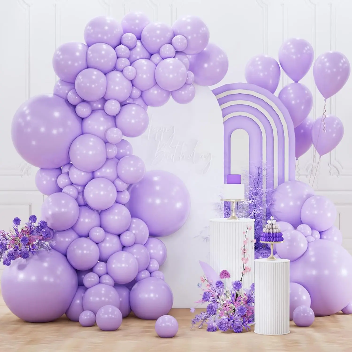 PartyWoo Q10 Series Lavender Wood Square Letter Print Glass Balloon Arch Kit, 152 Multi-Size Light Pastel Purple Lilac Balloons (18/12/10/5 in) with Elastic Band for Birthday, Housewarming Decor