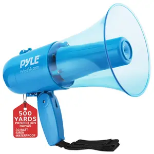 30W Megaphone Siren Speaker, Loud Sound, Rechargeable, Transparent Blue