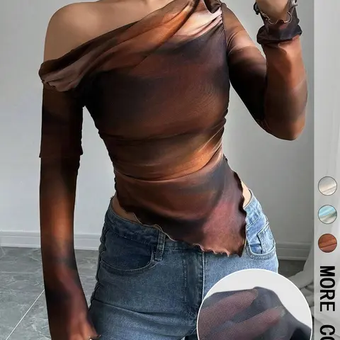 Women's All Over Print Drop Shoulder Long Sleeve T-Shirt, Fashionable Casual Comfortable Slim-Fit Everyday Top, Casual Daily Tops, Womenswear, Perfect for Daily Wear