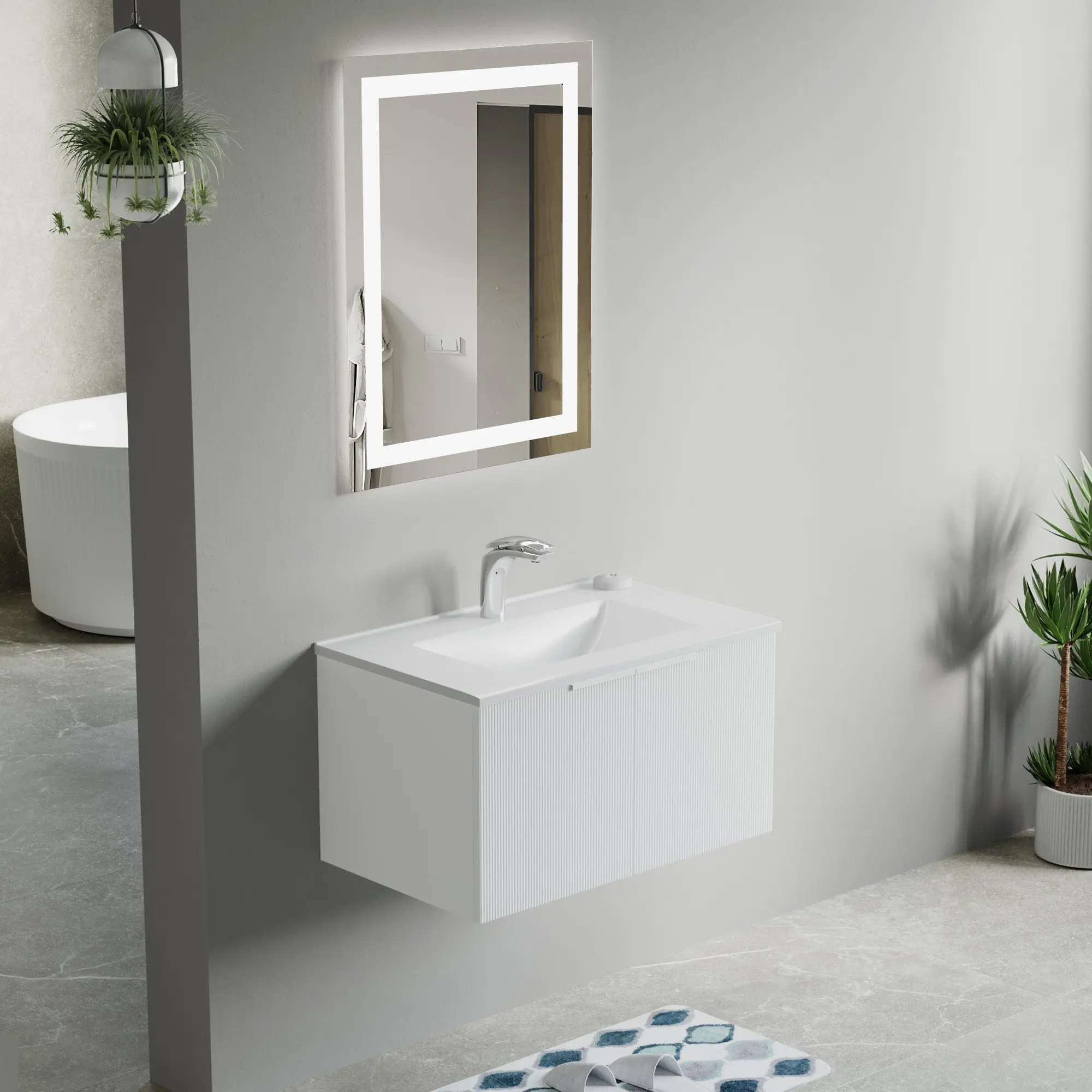 Dowell 30" Wall-Mounted/Floating Fluted Bathroom Vanity with Single Basin – Two Soft-Close Doors - 032 30 Series