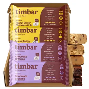 Timbar Protein Bar Sample Box - 4 Bars Total, Gluten Free, Dairy Free, Egg Free, Plant Based, Non-GMO, 2 Peanut Butter Chocolate Chip & 2 Chocolate Brownie Flavors - Roll