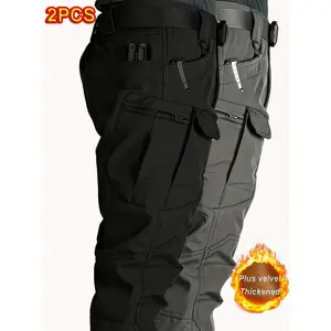 1-Pack Men'S Tactical Cargo Pants, 300gsm Polyester 90.7% Spandex 9.3% Blend, Non-Stretch Solid Color, Multi-Pocket Outdoor Windproof Waterproof Warm Pants for Fall/Winter, Zipper Fly, Sports Style, Regular Fit, No Belt, for Weeke