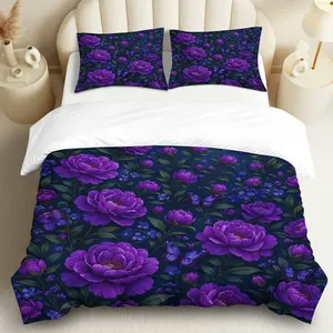 3PCS Duvet Cover Set, 1 Duvet+2 Pillowcases(Without filler), Floral Butterfly Purple Art Deco Bohemian theme, Spring bedding set, Luxury Comfortable Fashion Suitable for decoration bedroom, guest room, hotel, lounge.
