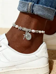 Women's Beaded Anklet, Vintage Silver Color Cross Pendant, Baroque Pearl Beads, Elegant Daily Wear, Perfect Gift Choice