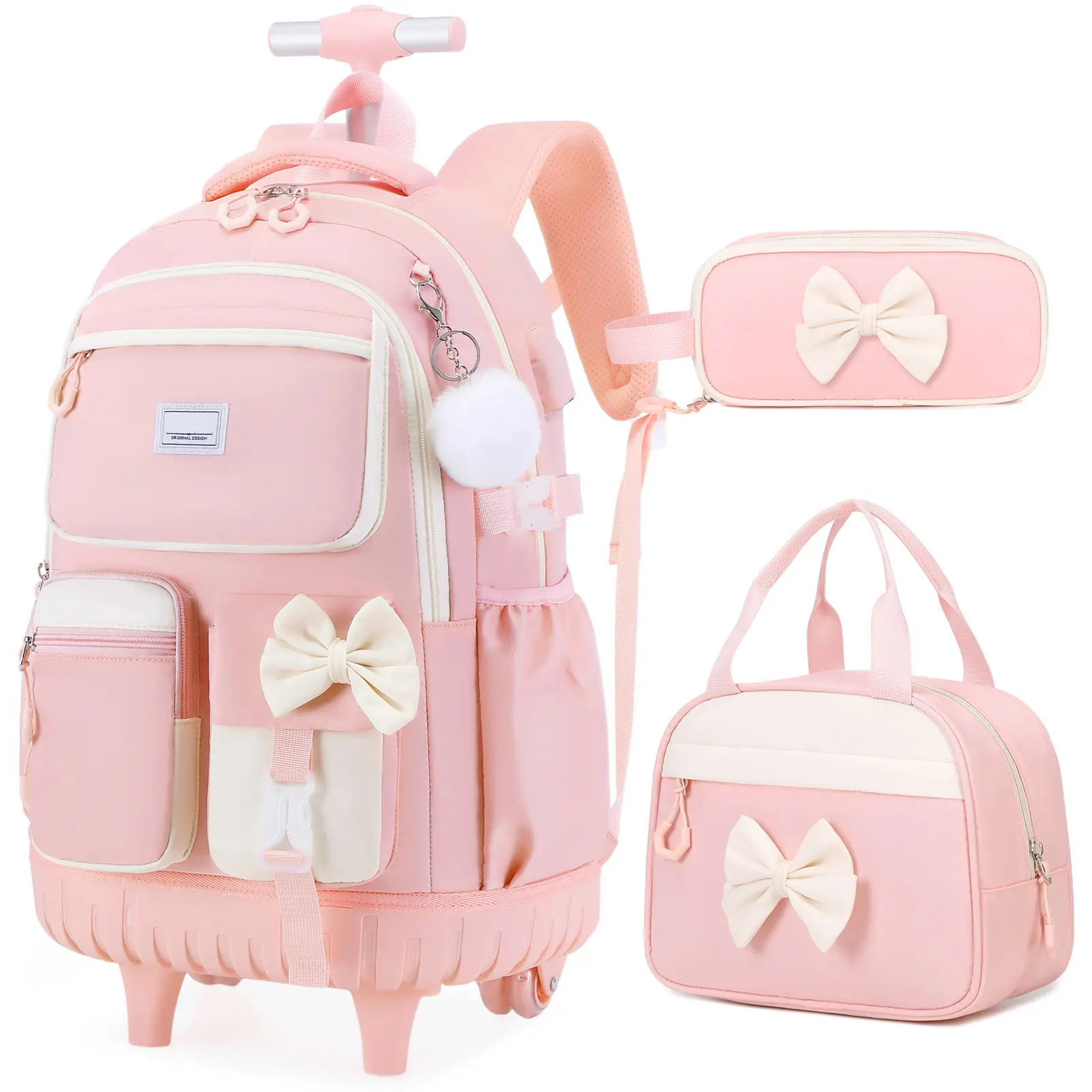Similove Rolling Travel Backpack for Girls, Roller Backpack Luggage with Wheels, Cute Bow Wheeled School Bookbag Set with Lunch Bag & Pen Case, Suitcases for Kids Teens Elementary Middle Student  Smooth Organiser