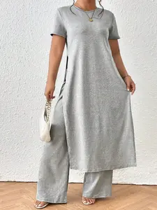【Plus Size】 Two-Piece Set Solid Color Top & Wide Leg Pants, Casual Fashion Cozy Top & Trousers for Daily Outdoor Wear, Women's Clothing for Summer, Womenswear