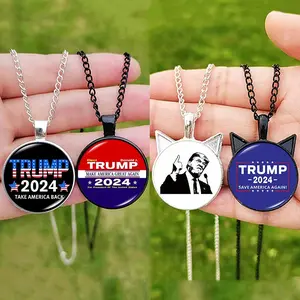 Trump 2024 “Never Stop Fighting” Pendant Necklace – Glass Cabochon MAGA Jewelry – Silver or Black Chain (50cm)