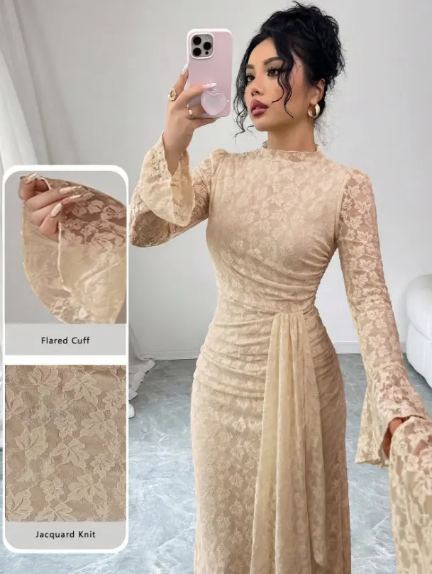 French Design Lace Semi-High Neck Ribbon Cinched Waist Ruched Women's Dress