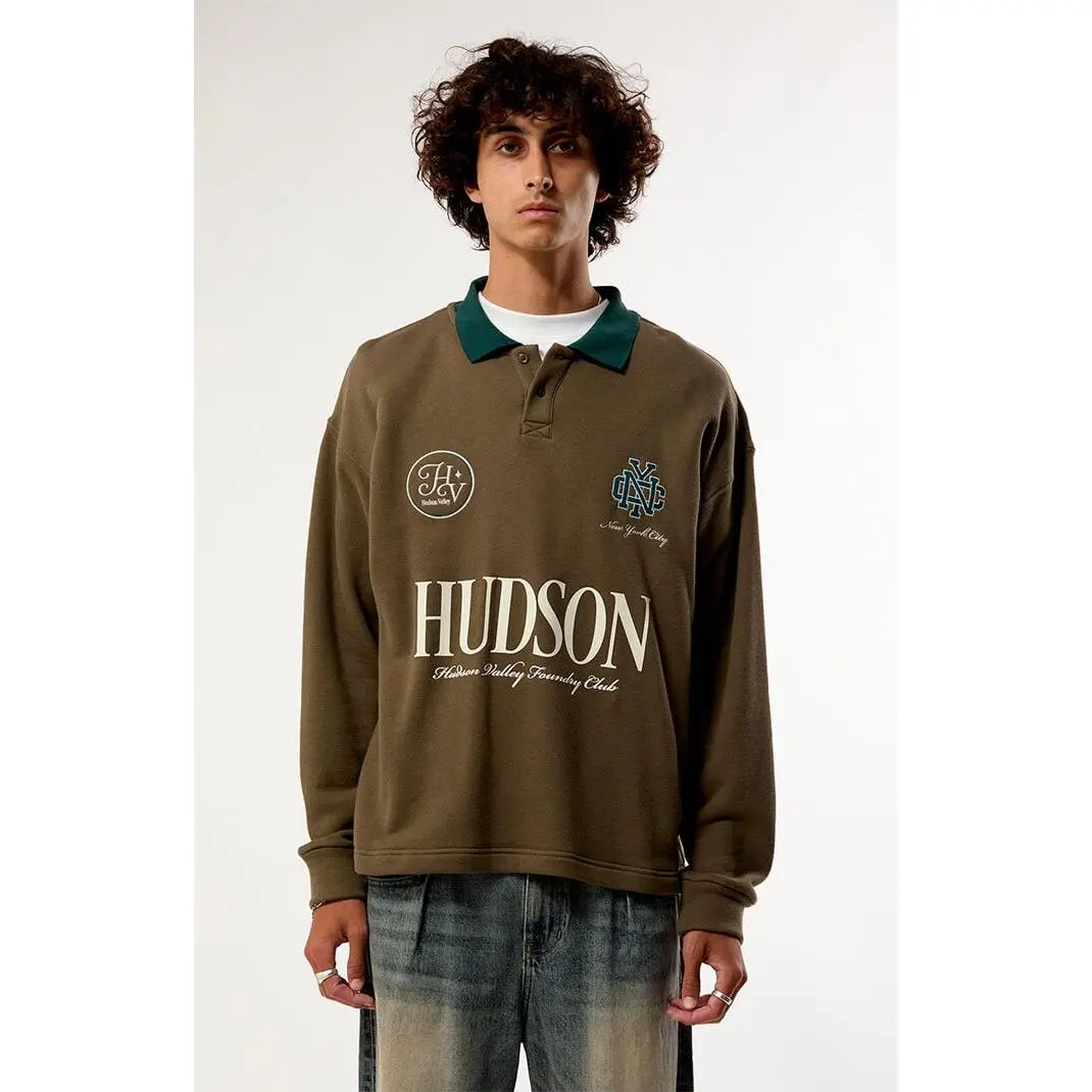 Pacsun Men's Brown Hudson Long Sleeve Rugby Polo Shirt