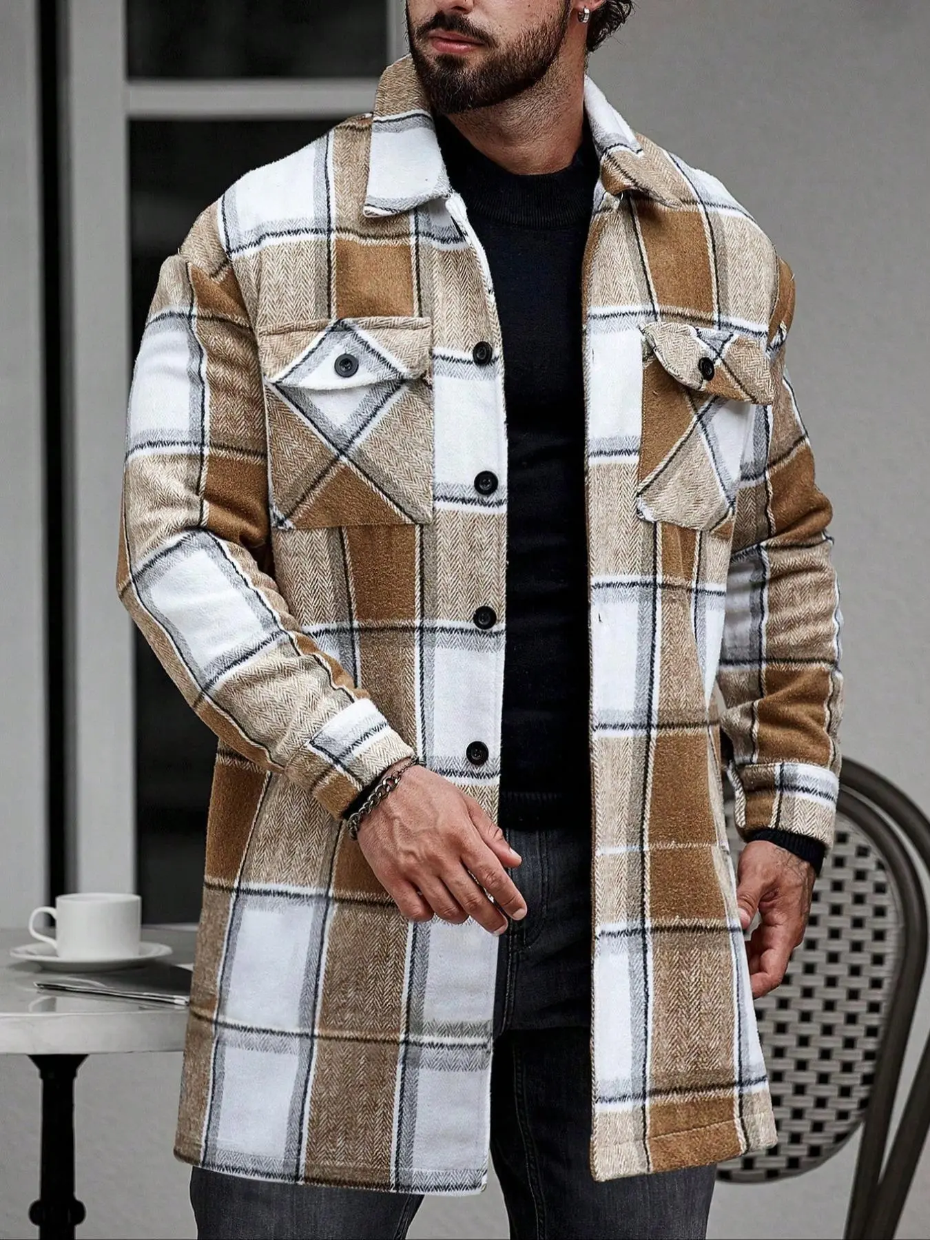 Men's Regular Fit Plaid Print Button Front Shirt Jacket, Casual Comfy Long Sleeve Outerwear for Daily Wear, Men's Clothes for All Seasons, Coats, Casual Button Pocket